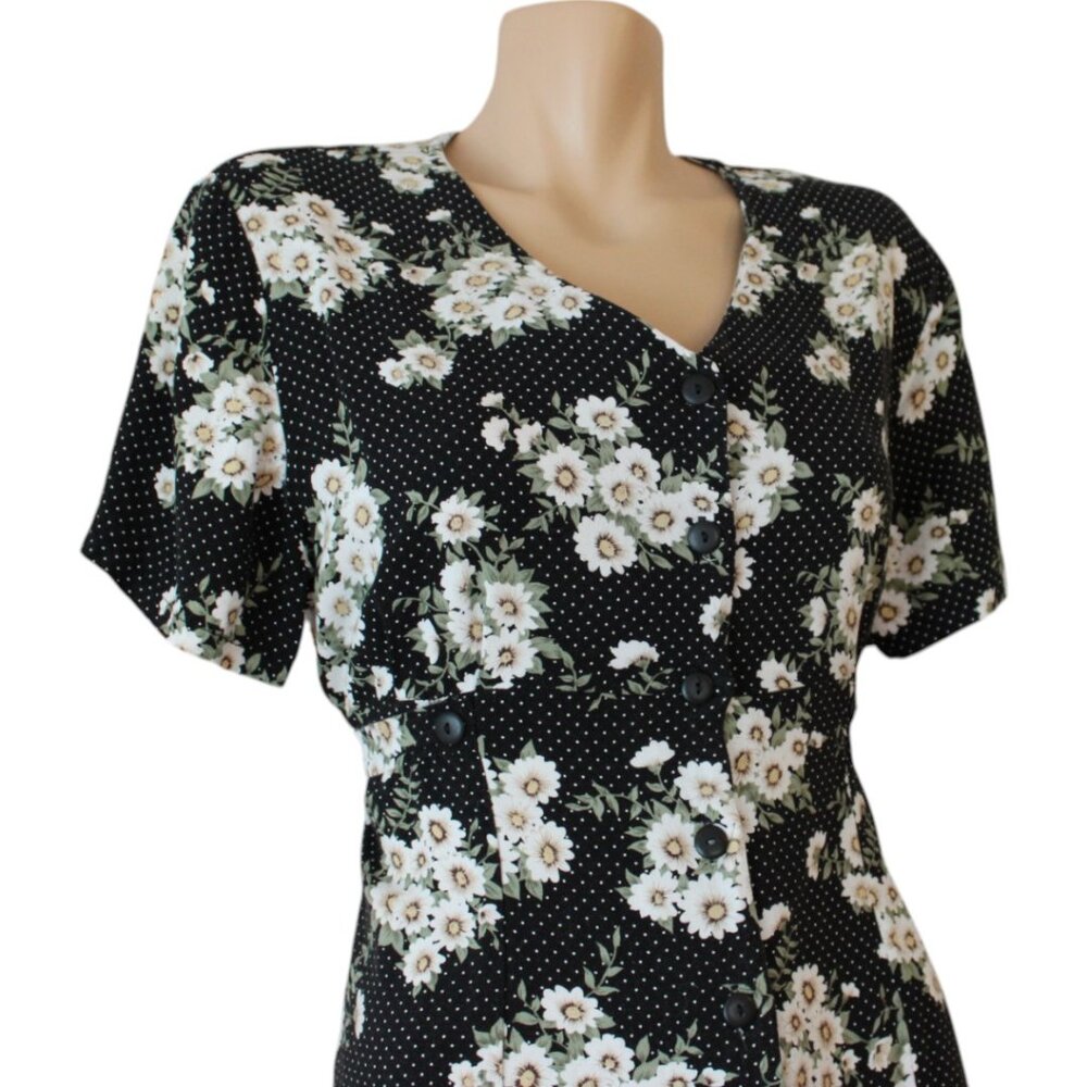 Vintage Black Maxi Dress with White Floral Print and Green Leaves - Picture 3 of 8